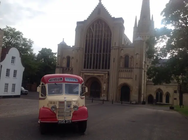 The coach outside Norwich Cathedral