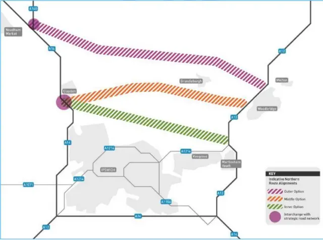 Graphic showing possible routes of northern by-pass