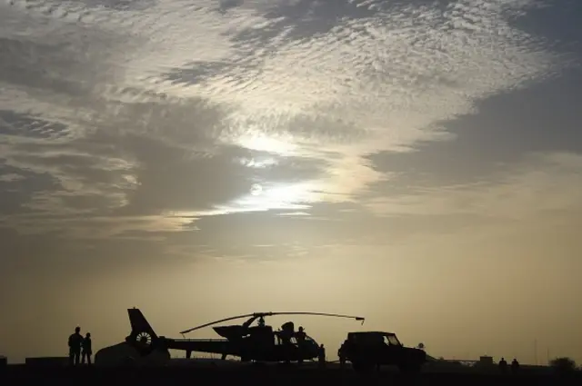 A French Gazelle helicopter is seen at a base near Goa, 320 km east southeast of Timbuktu, on January 2, 2015, as part of the Barkhane Operation.