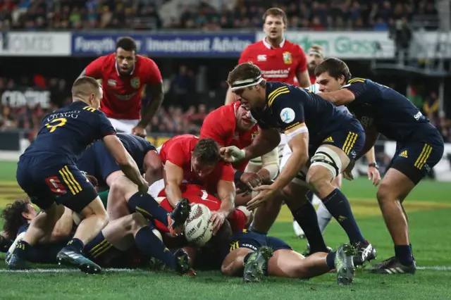 Rhys Webb of the Lions goes for the tryline but loses the ball