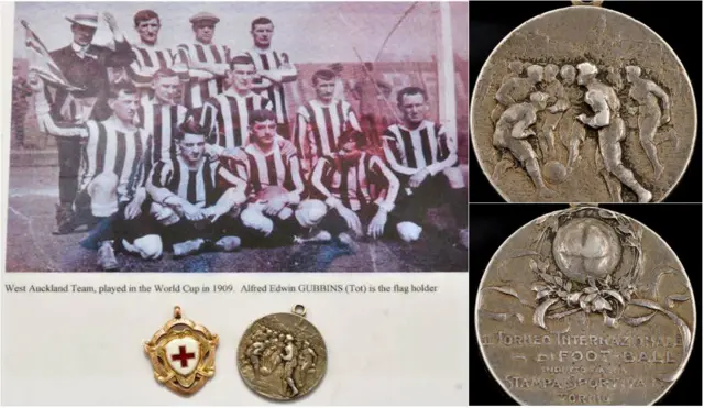 Photograph of West Auckland team that played in the World Cup in 1909 on winners' medals