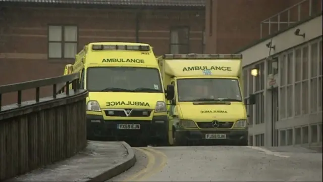 Ambulances outside Queen's Hospital, Burton