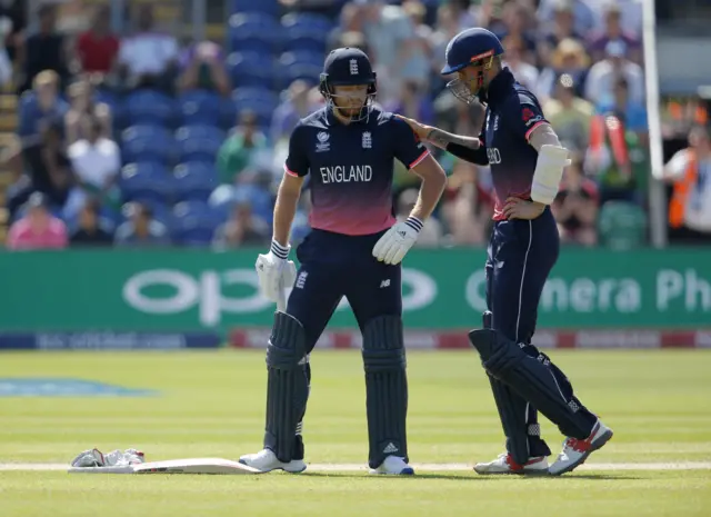 England"s Jonny Bairstow and Alex Hales wait during an unsuccessful Pakistan review