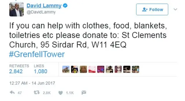 A tweet by Labour MP David Lammy reads: "If you can help with clothes, food, blankets, toiletries etc please donate to: St Clements Church, 95 Sirdar Rd, W11 4EQ"