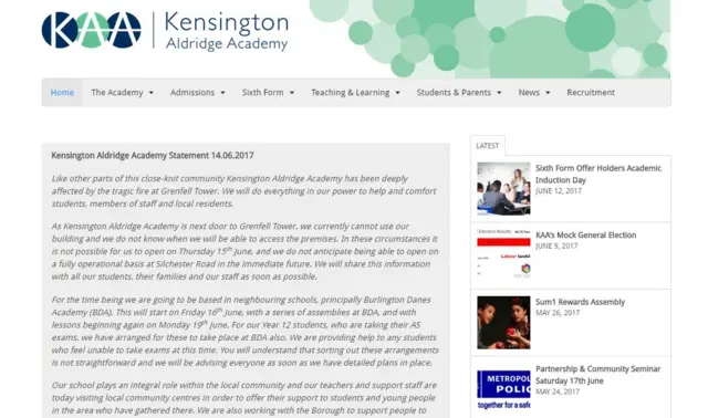 Screengrab of Kensington Aldridge Academy website