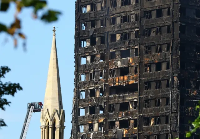 The charred shell of the Grenfell Tower in west London