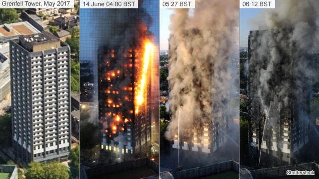 View of Grenfell Tower in May (left) and during the fire on 14 June