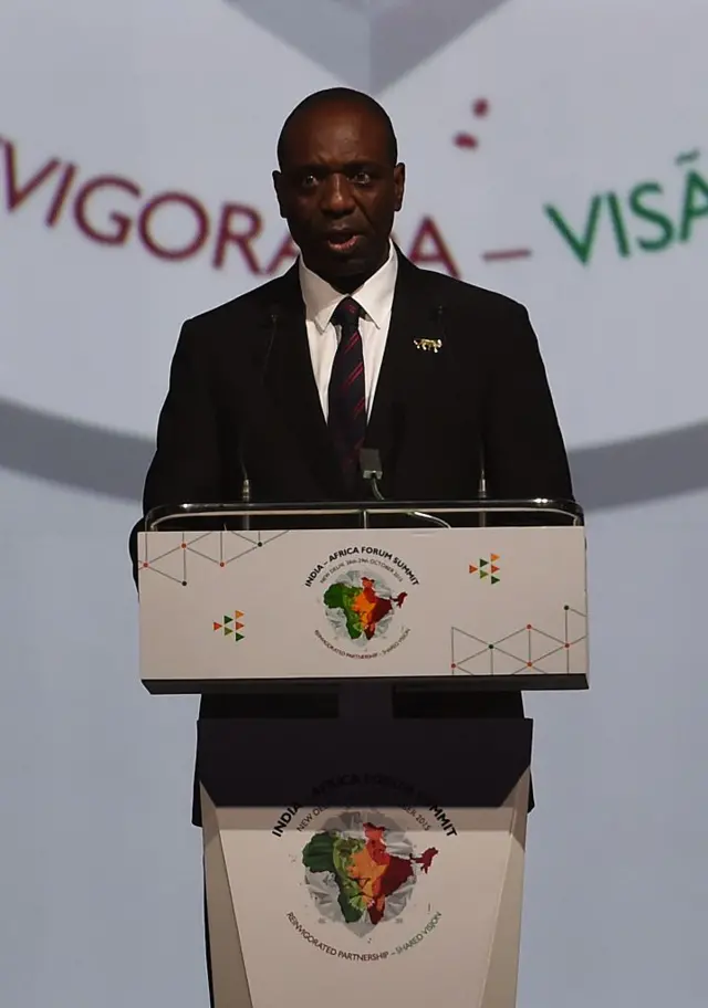 Mozambique's Prime Minister Carlos Agostinho Do Rosario addresses delegates during The India-Africa Summit in New Delhi on October 29, 2015.