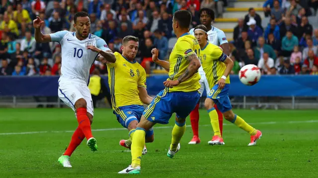 Lewis Baker of England goes close with a shot on goal