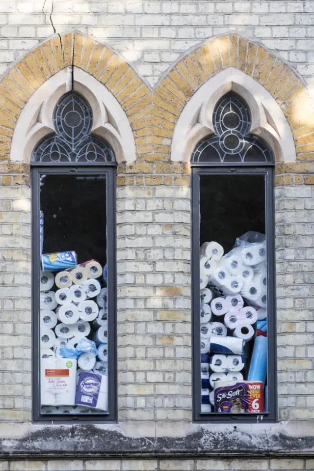 Toilet rolls in church windows