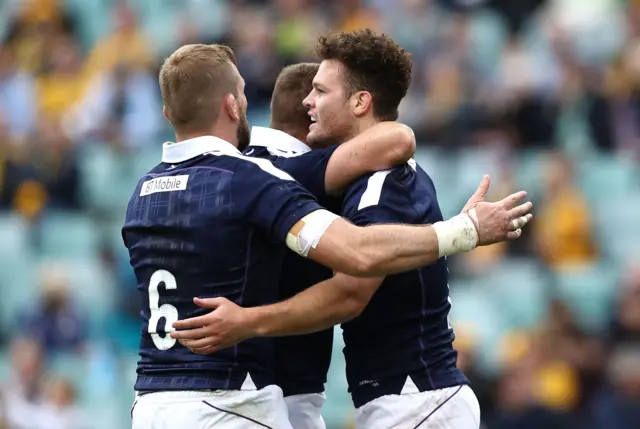 Scotland celebrate Duncan Taylor's opportunist try