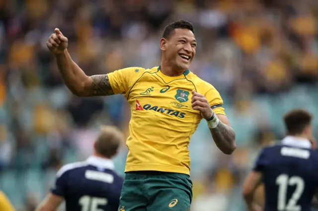 Israel Folau celebrates his second try of the game