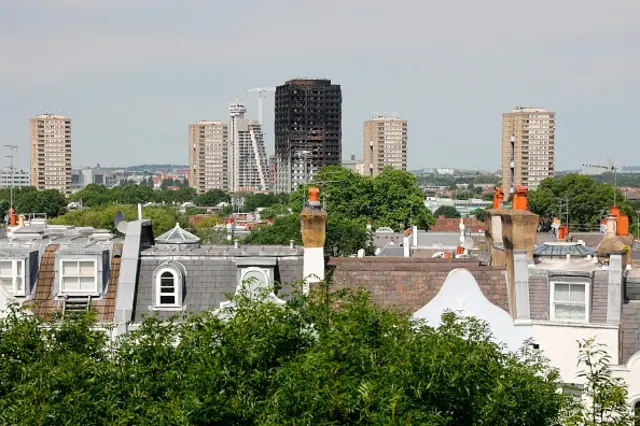 The burned shell of the Grenfell Tower block in West London