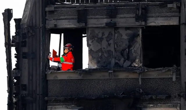 Members of the emergency services work on the top floor of Grenfell Tower in Kensington