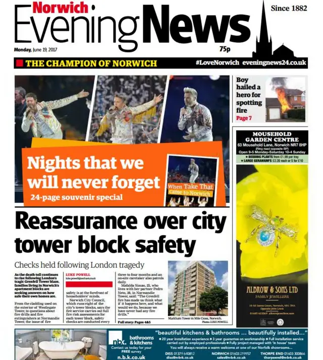 Front page of Norwich Evening News