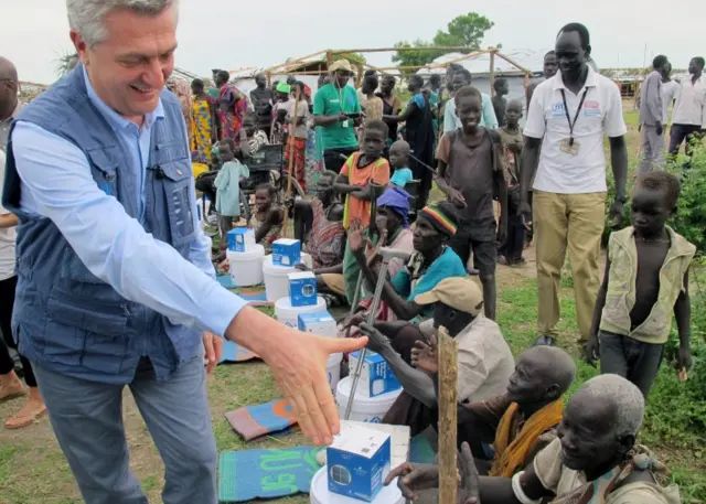 UNHCR High Commissioner for Refugees Filippo Grandi meets displaced civilians moving to a new camp in Bentiu, South Sudan June 18, 2017.