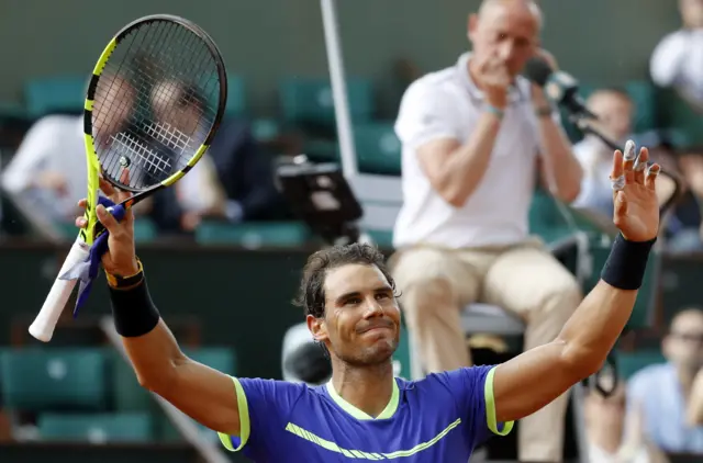 Rafael Nadal of Spain reacts after winning