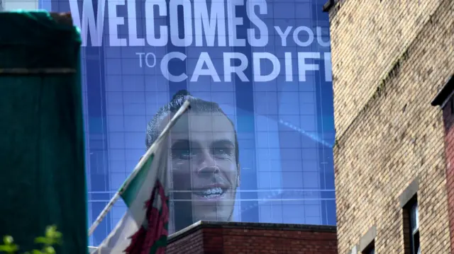 Poster outside the stadium featuring Gareth Bale