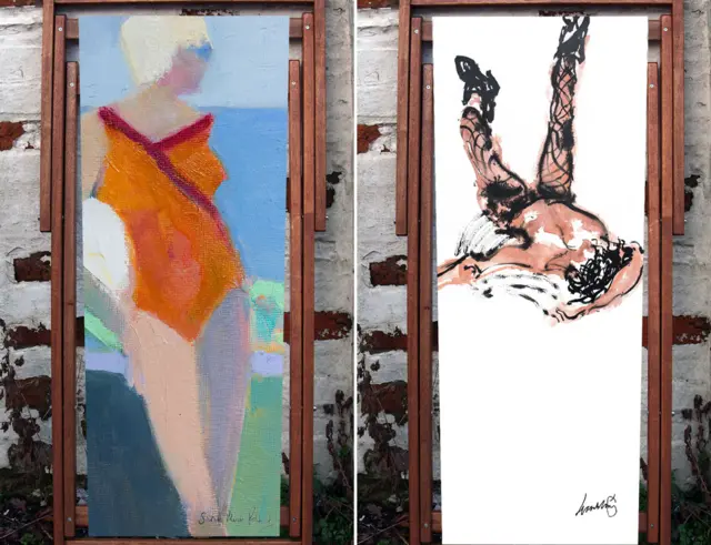 Sarah Muir Poland, Contemplating a swim (left) and Maggi Hambling, Amanda in Boots and Fishnets (right)