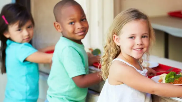 Children with school meals trays