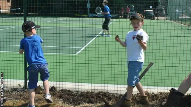 Children volunteering in the renovation at Hingham Tennis Club