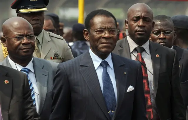 President Obiang Nguema Mbasogo (C) arrives to attend the inauguration of Ghanaian President John Mahama at the Independence Square, Accra on January 7, 2013