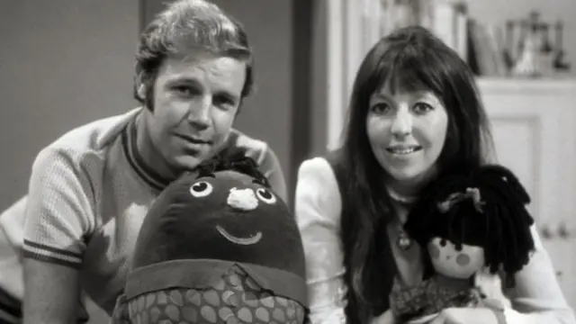 Brian Cant with Humpty and Chloe Ashcroft with Jemima on BBC Television's Play School