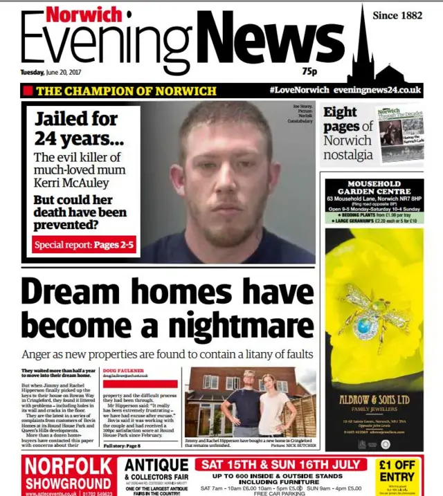 Front page of the Norwich Evening News