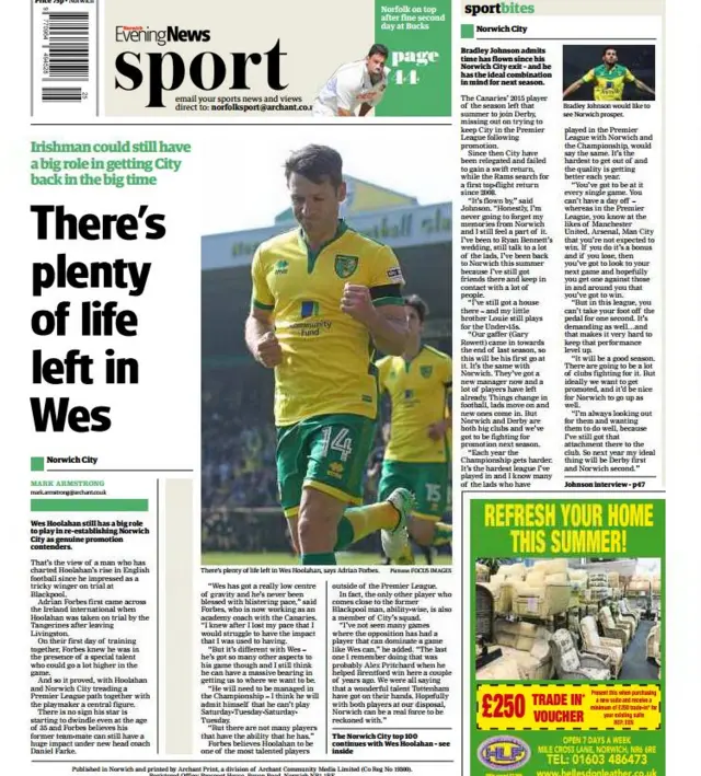 Back page of Norwich Evening News