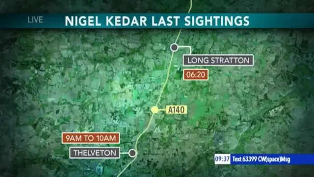 Map showing last sightings of missing man Nigel Kedar