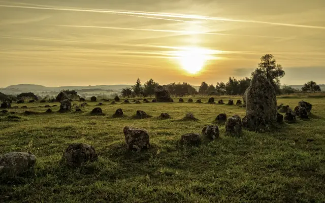 Summer solstice at modern stone circle under Hambledon Hill, Child Okeford