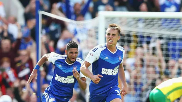 Kevin Bru and Jonas Knudsen celebrate goal against Norwich