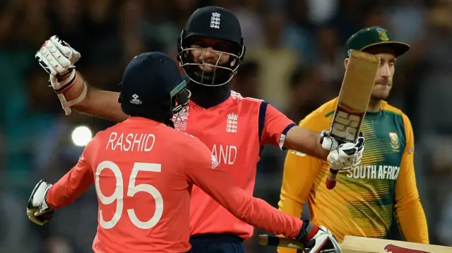 Adil Rashid and Moeen Ali celebrate England's win over South Africa in the 2016 World T20