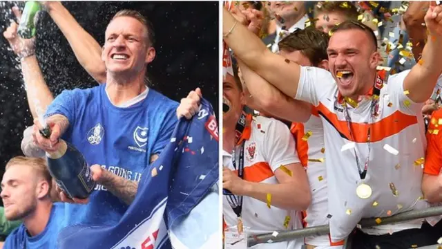 Portsmouth and Blackpool players celebrate promotion to League One