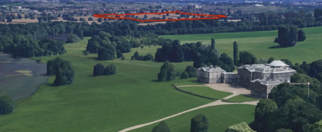 Aerial image showing proximity of Kedleston Hall to proposed housing development