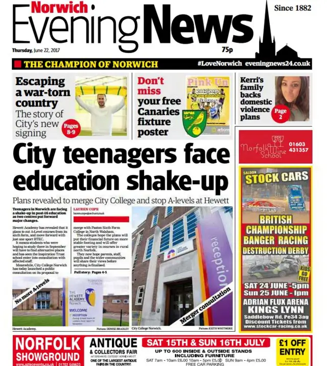 Front page of Norwich Evening News