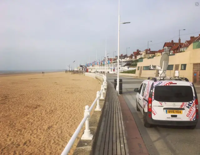 BBC Radio Humberside's satellite van next to Bridlington beach