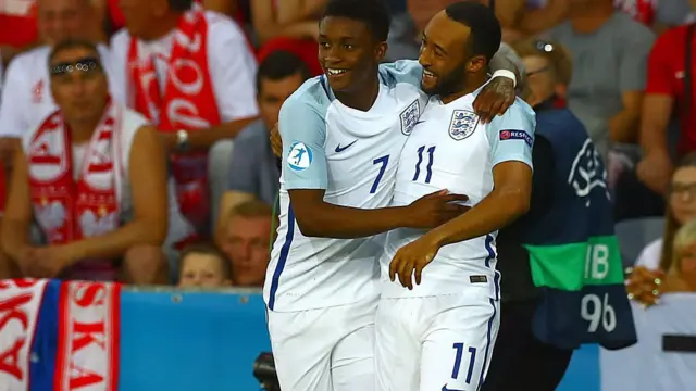 Demarai Gray of England celebrates