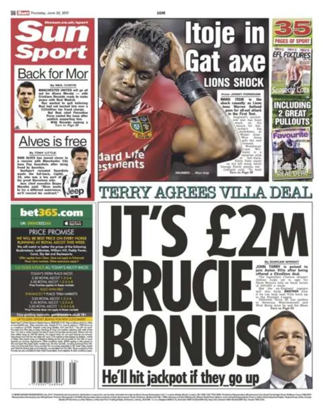 Picture of back page of the The Sun with headline about John Terry which reads: It's £2m Brucie Bonus