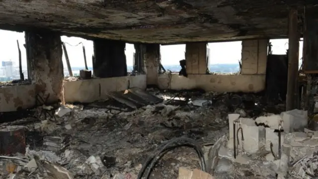 The charred remains inside a flat at the Grenfell Tower