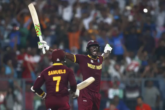 Carlos Brathwaite celebrates winning World t20