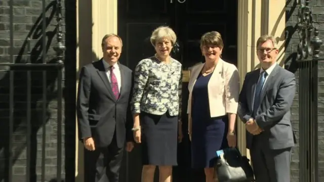 Arlene Foster and her DUP team arriving at Downing Street to meet Theresa May