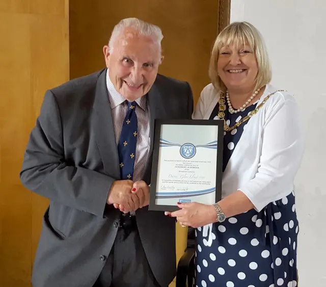 David receiving his award from Chairman of Shropshire Council Ann Hartley