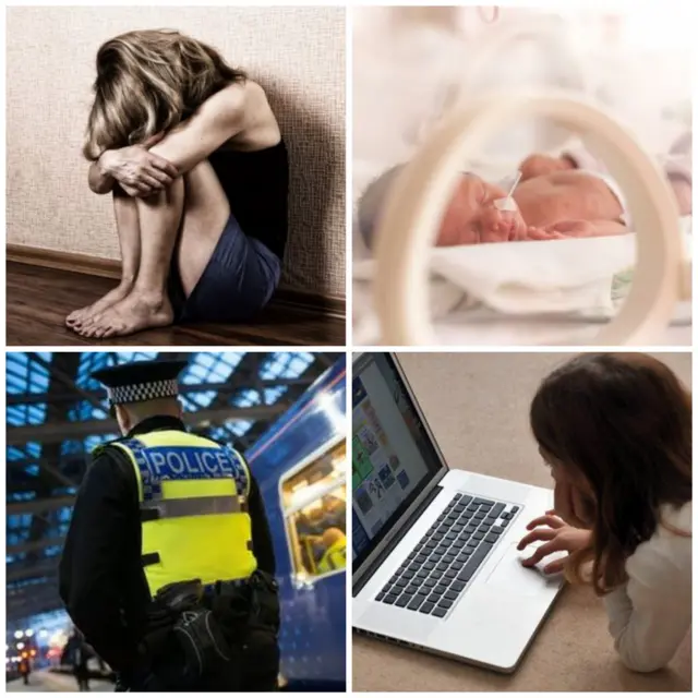 Woman with head in her hands, baby in incubator, police officer with train and child on laptop