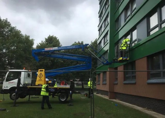 Cladding being removed from a Sheffield tower block