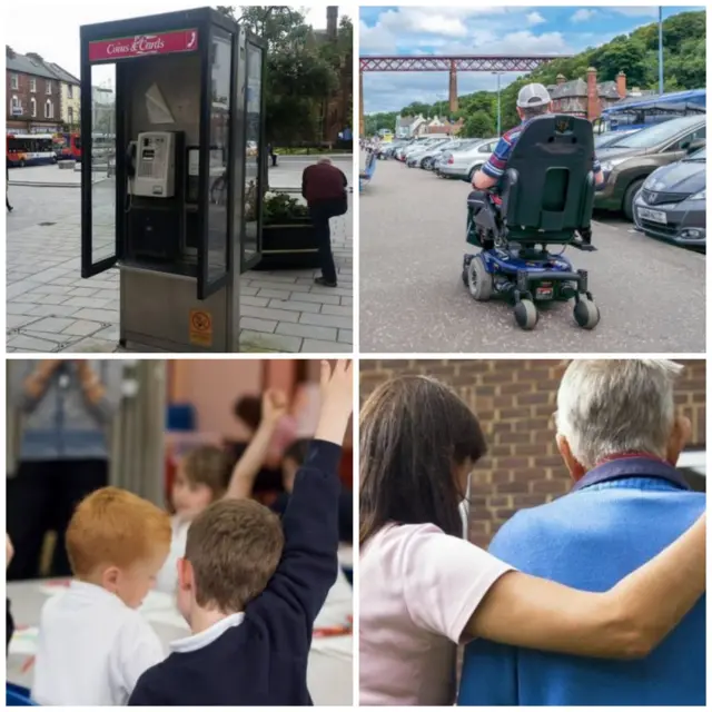 Phone box, social security, classroom and carer