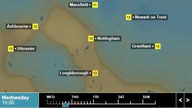 BBC weather map of the East Midlands