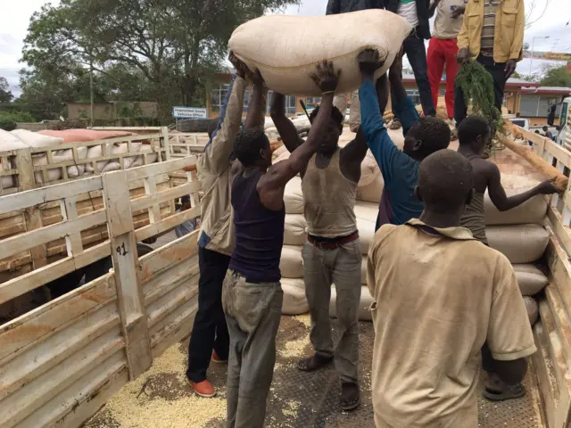 Maize from Ethiopia being unloaded in Kenya