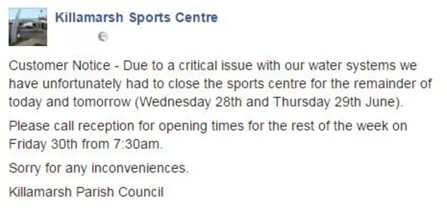 Facebook post from Killamarsh Sports Centre