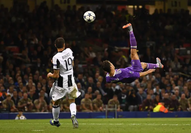 Cristiano Ronaldo of Real Madrid attempts an overhead kick